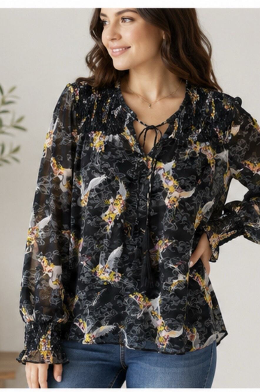 M&Co Womens Bird Print Blouse Black Sheer Long Sleeve Smocked Boho Top Large